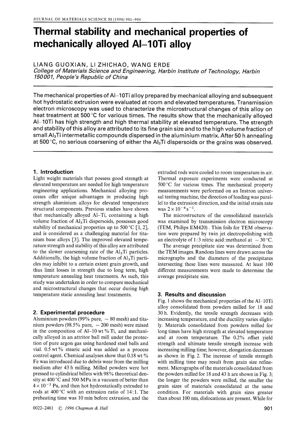 Thermal stability and mechanical properties of mechanically alloyed Al-10Ti alloy by Unknown