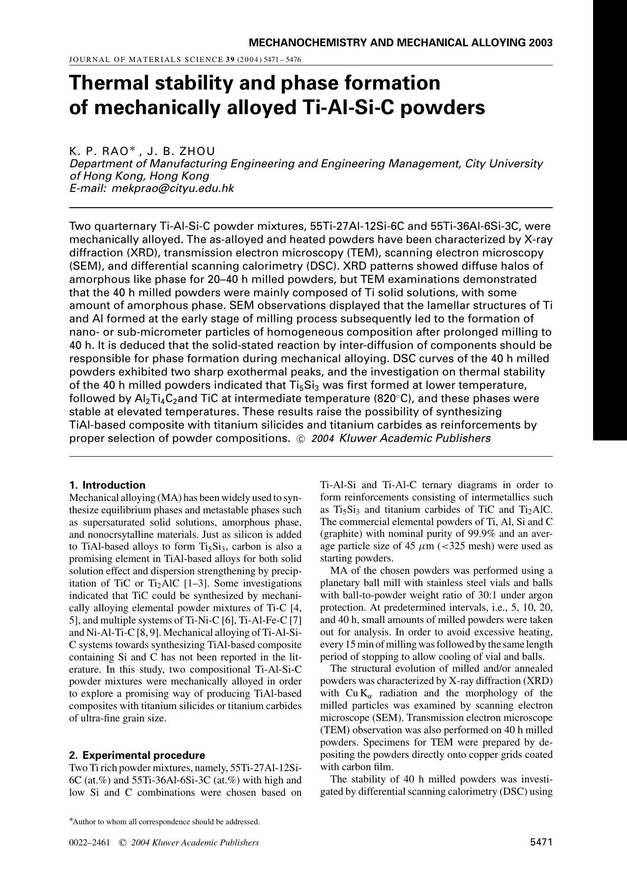 Thermal stability and phase formation of mechanically alloyed Ti-Al-Si-C powders by Unknown