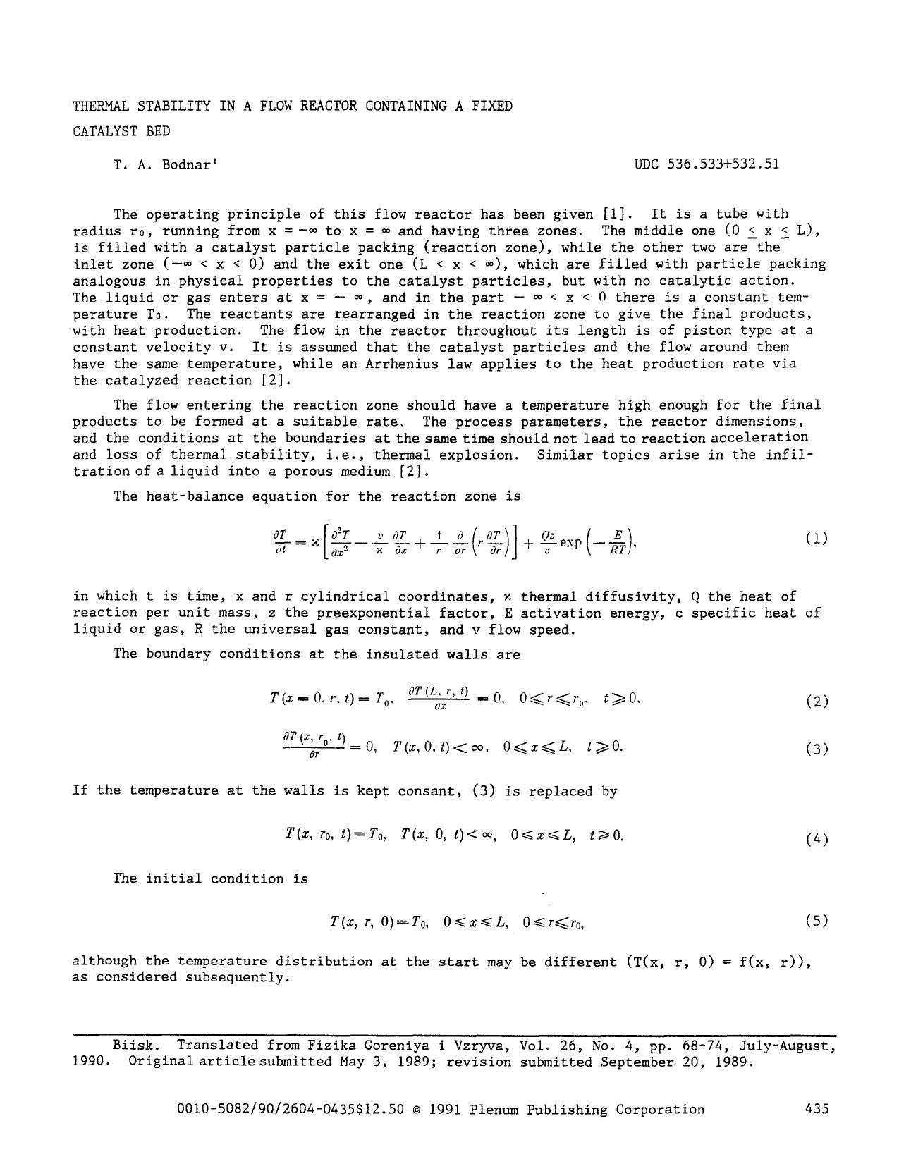 Thermal stability in a flow reactor containing a fixed catalyst bed by Unknown