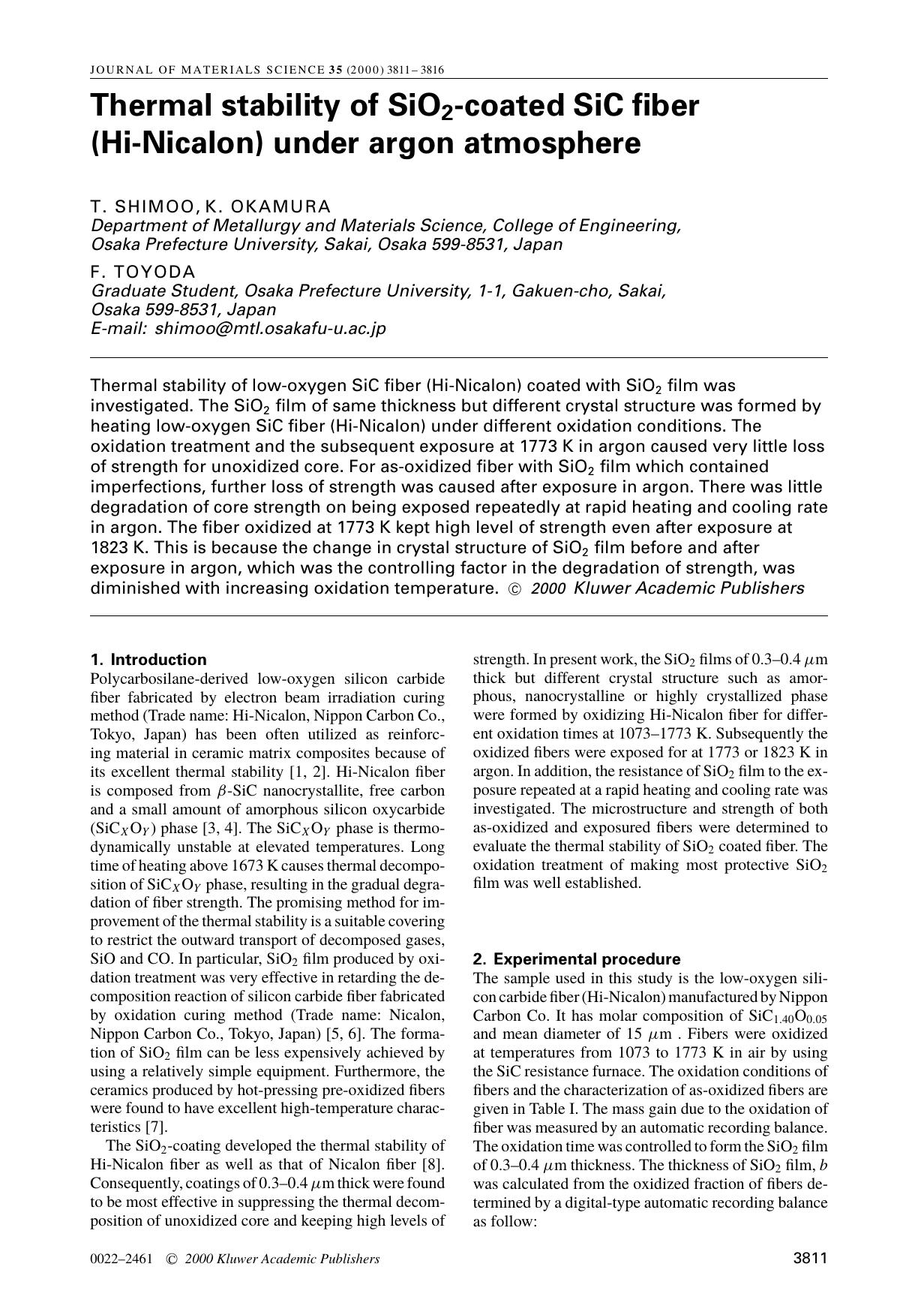 Thermal stability of SiO2-coated SiC fiber (Hi-Nicalon) under argon atmosphere by Unknown