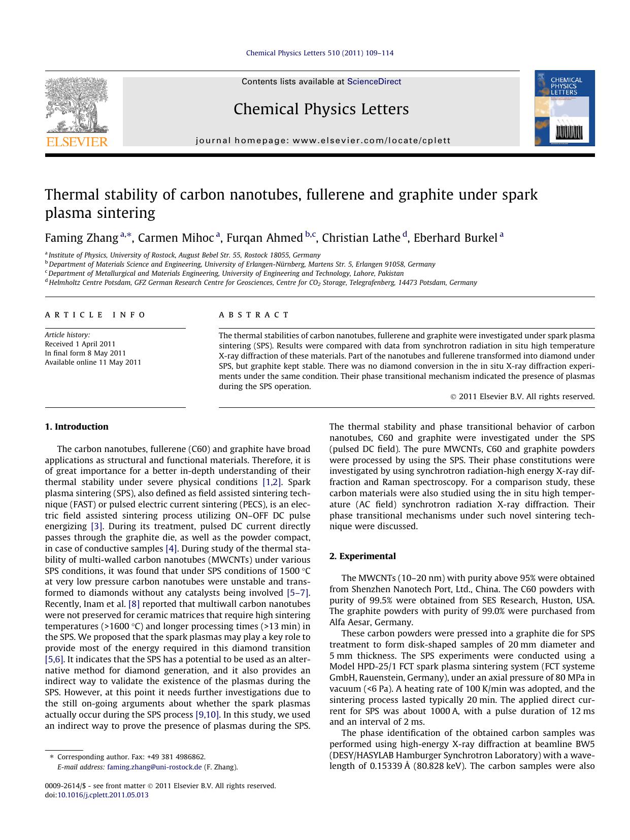 Thermal stability of carbon nanotubes, fullerene and graphite under spark plasma sintering by Faming Zhang & Carmen Mihoc & Furqan Ahmed & Christian Lathe & Eberhard Burkel