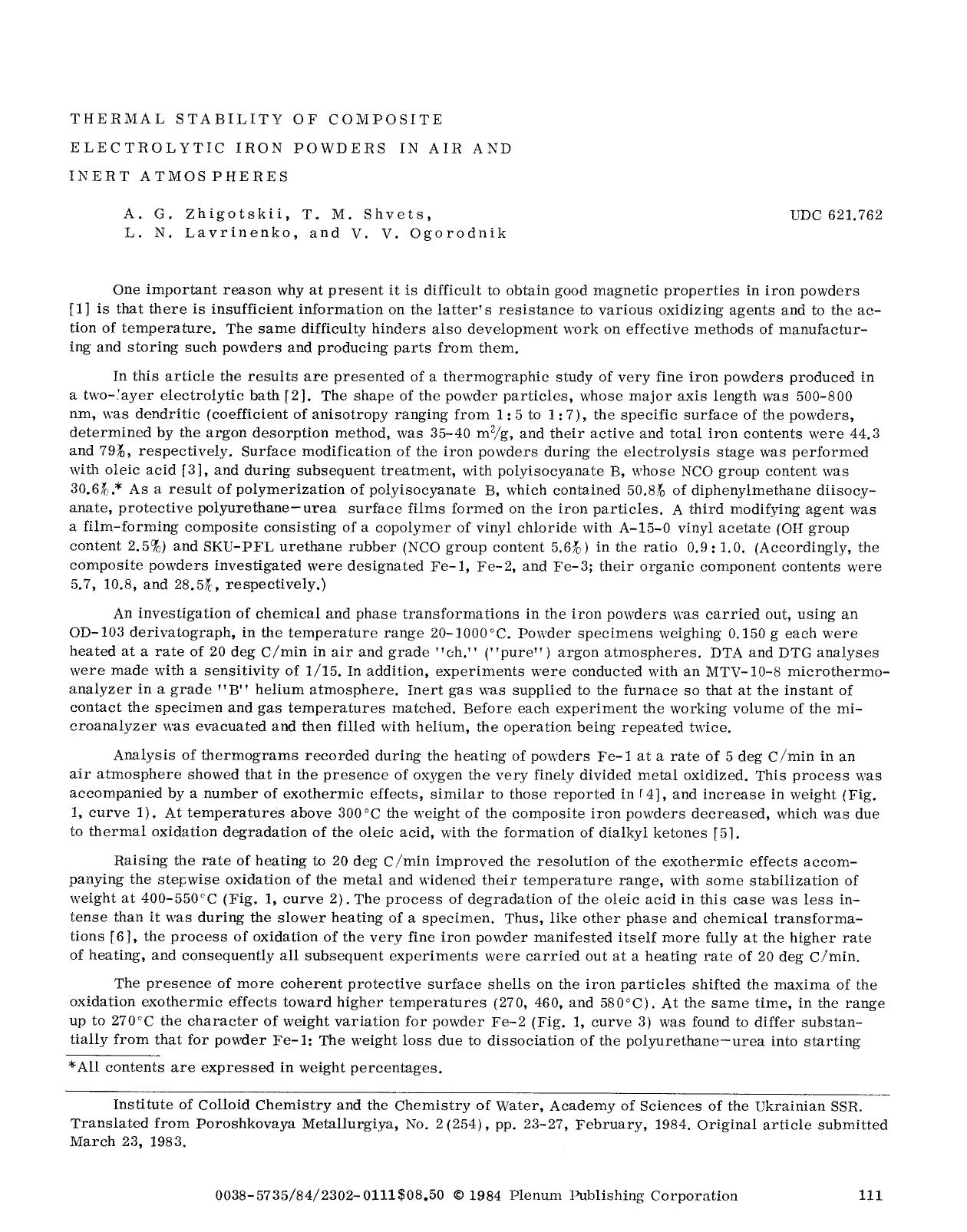 Thermal stability of composite electrolytic iron powders in air and inert atmospheres by Unknown