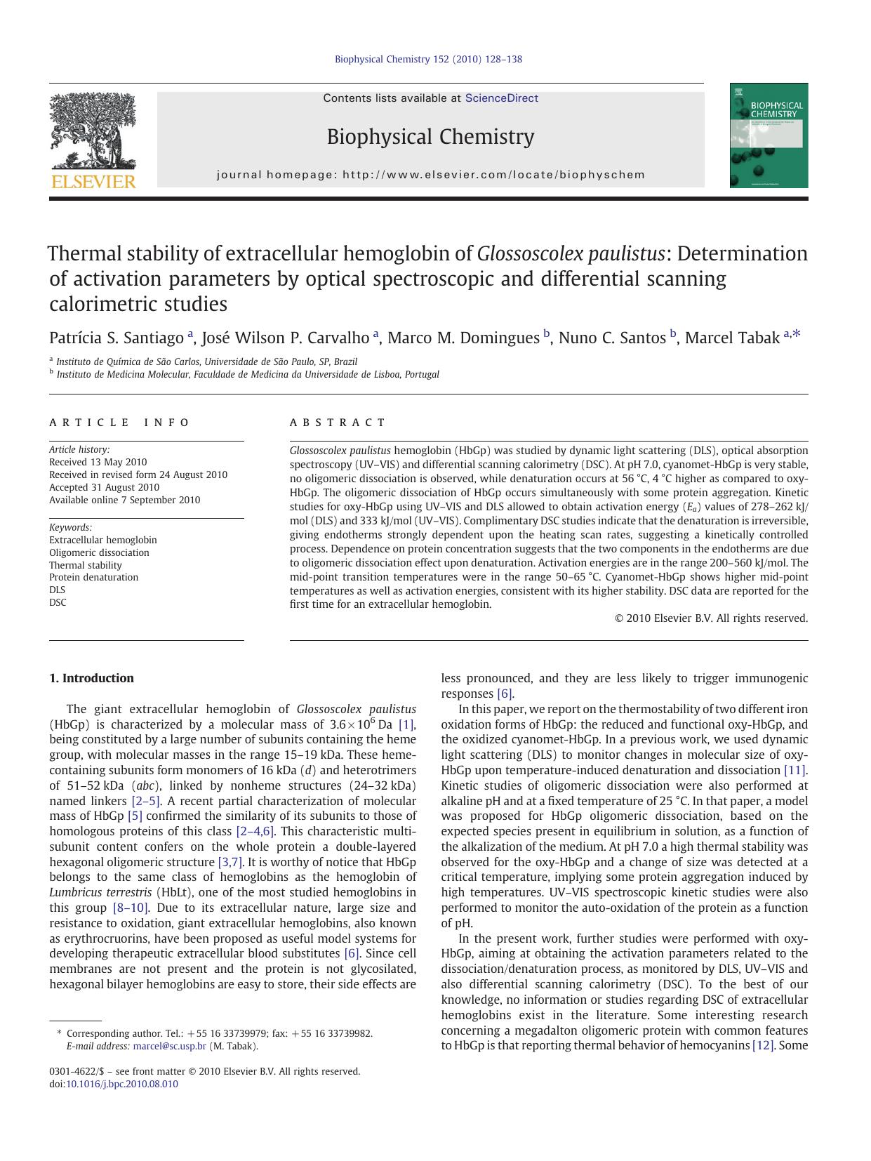 Thermal stability of extracellular hemoglobin of Glossoscolex paulistus: Determination of activation parameters by optical spectroscopic and differential scanning calorimetric studies by unknow