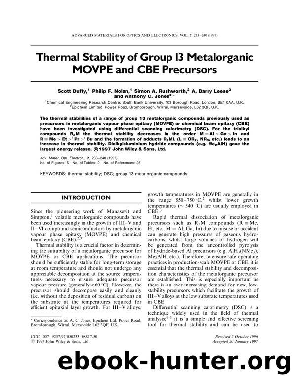 Thermal stability of group 13 metalorganic MOVPE and CBE precursors by Duffy S. Nolan P. F. Rushworth S. A. Leese A. B. & Jones A. C