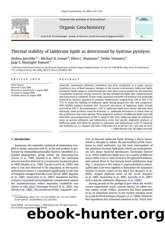 Thermal stability of ladderane lipids as determined by hydrous pyrolysis by Andrea Jaeschke; Michael D. Lewan; Ellen C. Hopmans; Stefan Schouten; Jaap S. Sinninghe Damsté