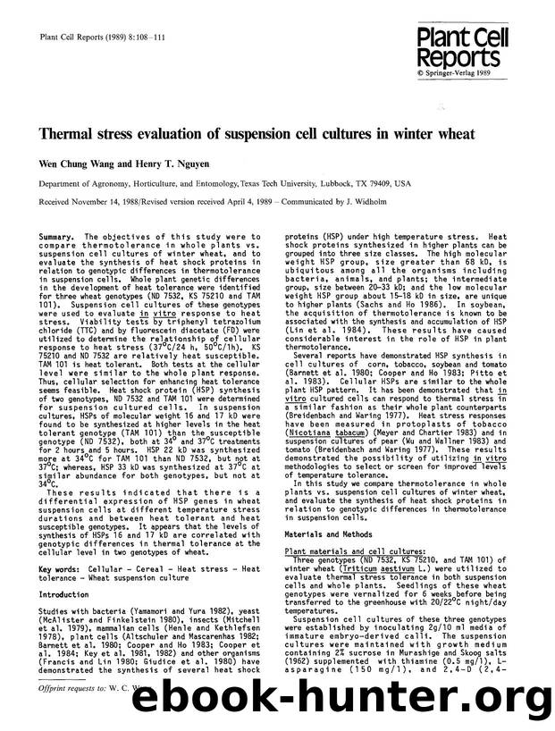 Thermal stress evaluation of suspension cell cultures in winter wheat by Unknown