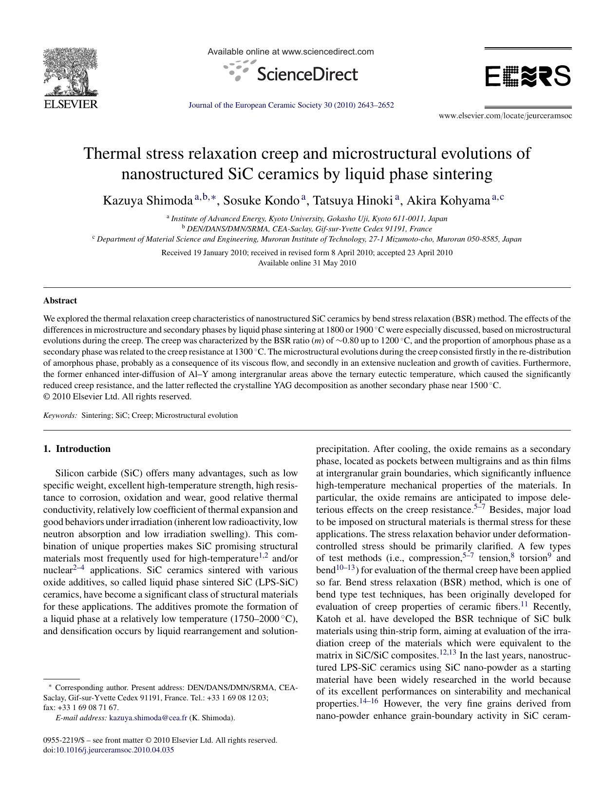 Thermal stress relaxation creep and microstructural evolutions of nanostructured SiC ceramics by liquid phase sintering by Kazuya Shimoda; Sosuke Kondo; Tatsuya Hinoki; Akira Kohyama