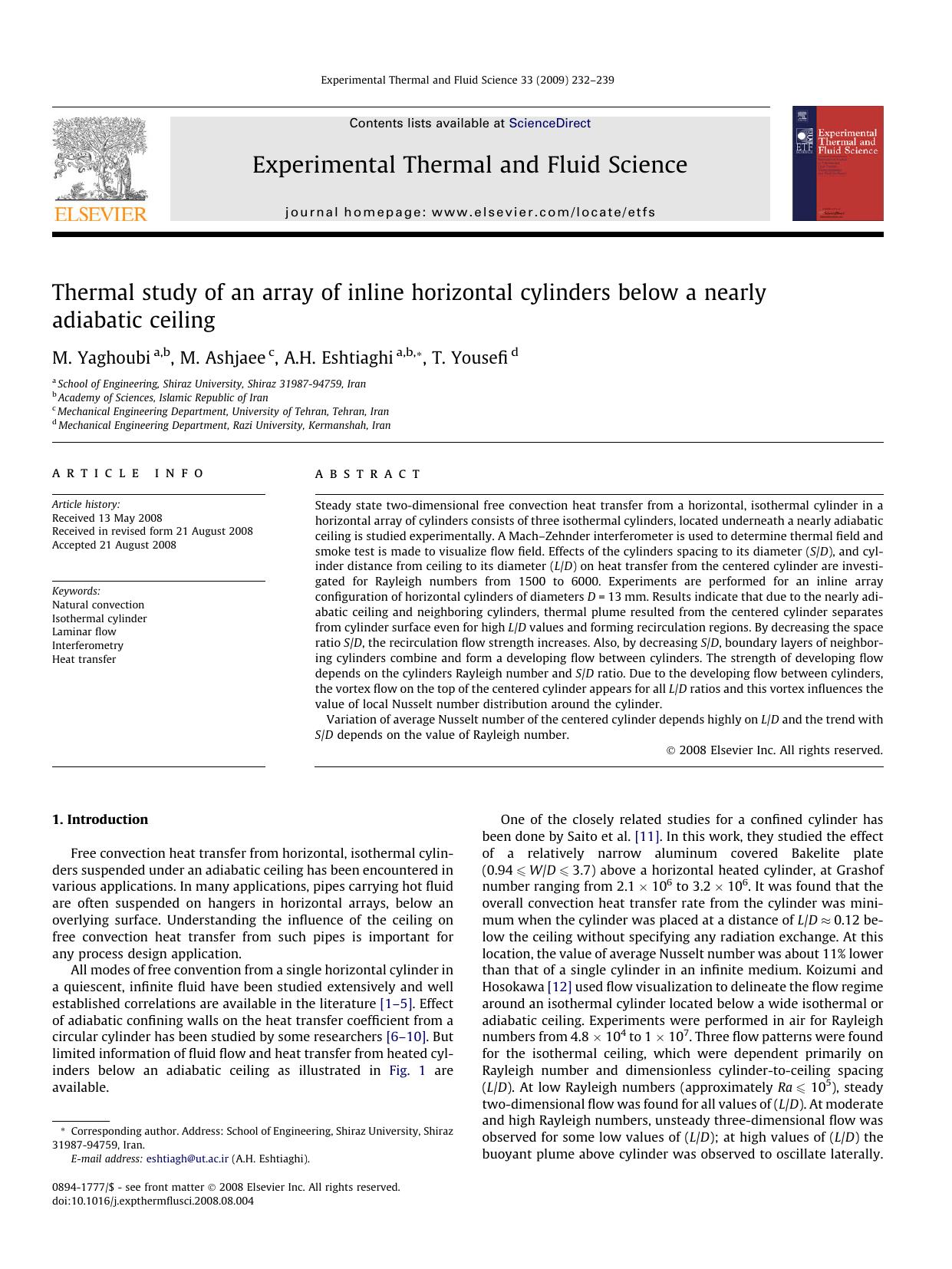Thermal study of an array of inline horizontal cylinders below a nearly adiabatic ceiling by M. Yaghoubi; M. Ashjaee; A.H. Eshtiaghi; T. Yousefi