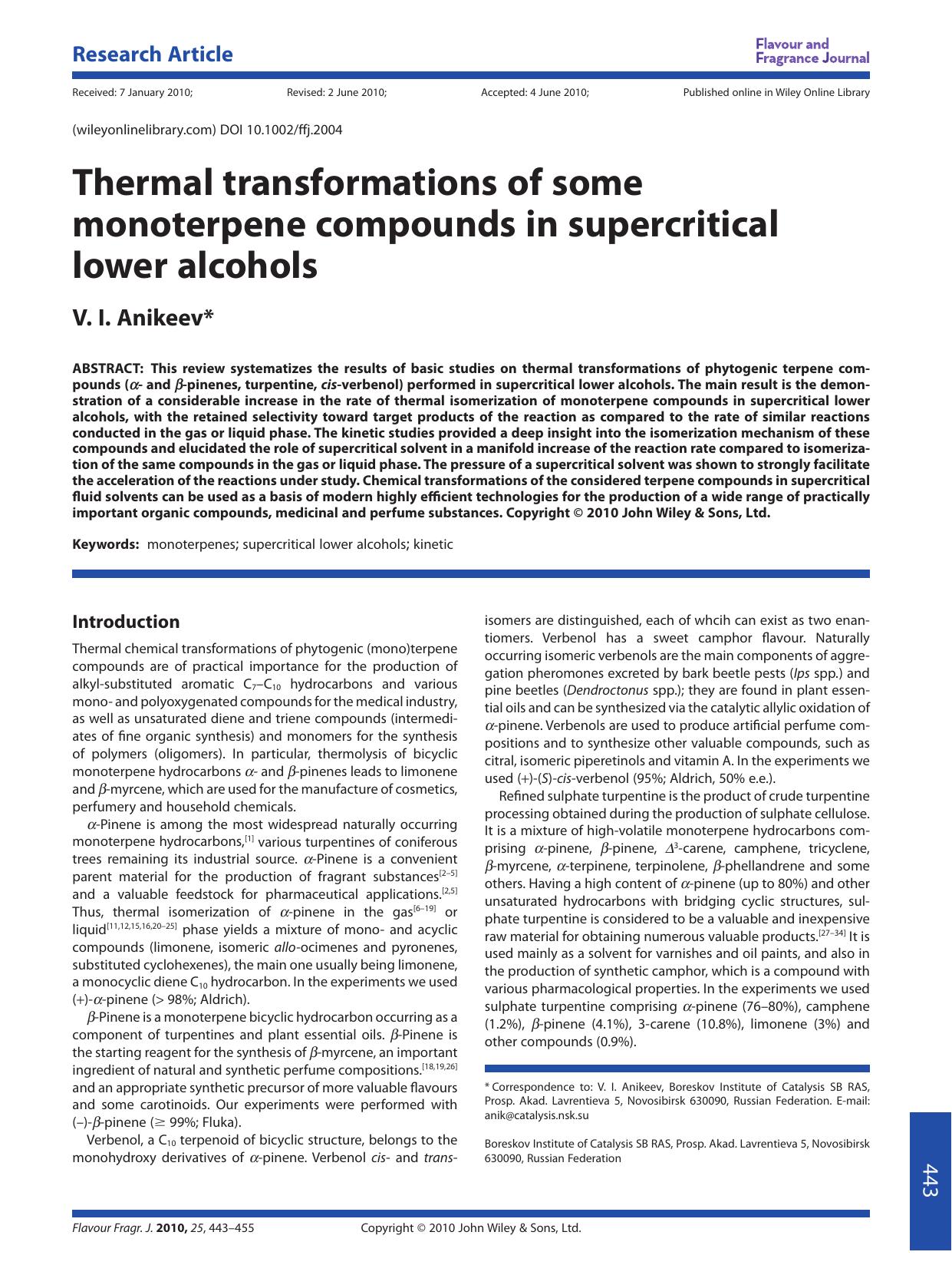 Thermal transformations of some monoterpene compounds in supercritical lower alcohols by Unknown