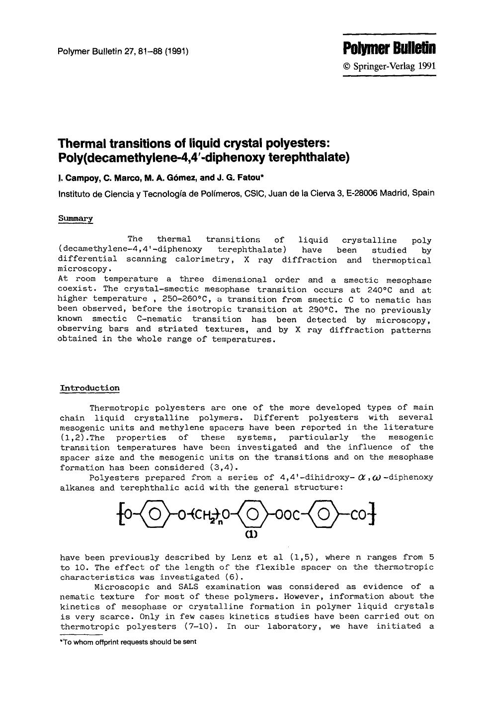 Thermal transitions of liquid crystal polyesters: Poly(decamethylene-4,4′-diphenoxy terephthalate) by Unknown