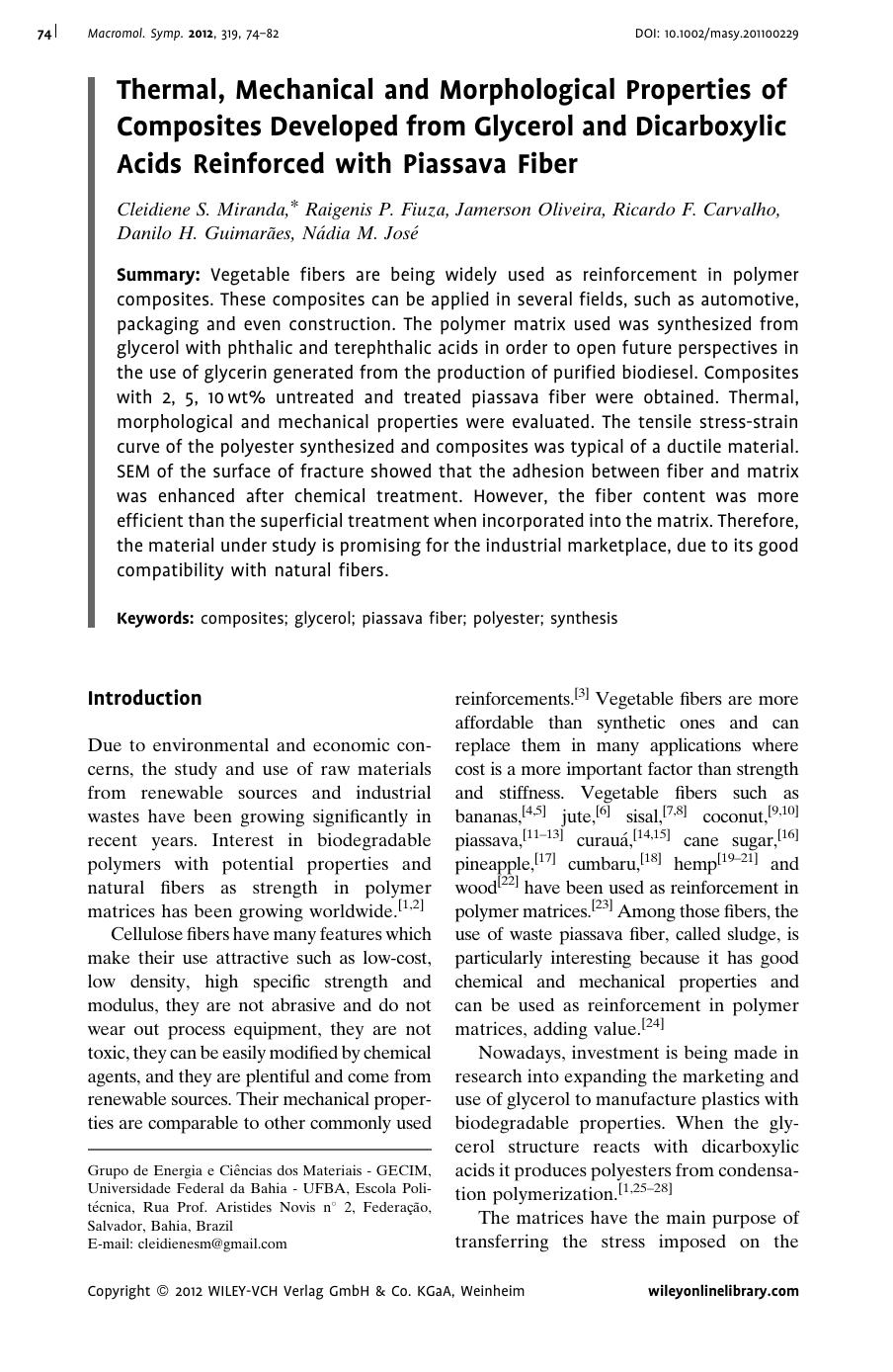 Thermal, Mechanical and Morphological Properties of Composites Developed from Glycerol and Dicarboxylic Acids Reinforced with Piassava Fiber by Unknown