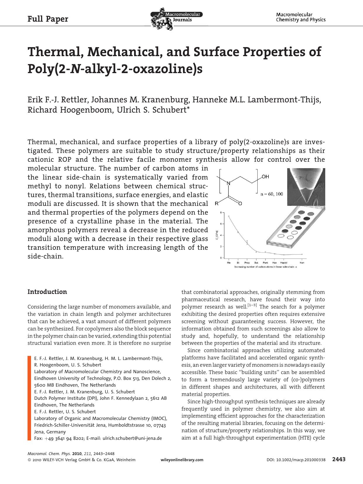 Thermal, Mechanical, and Surface Properties of Poly(2Nalkyl2oxazoline)s by Unknown