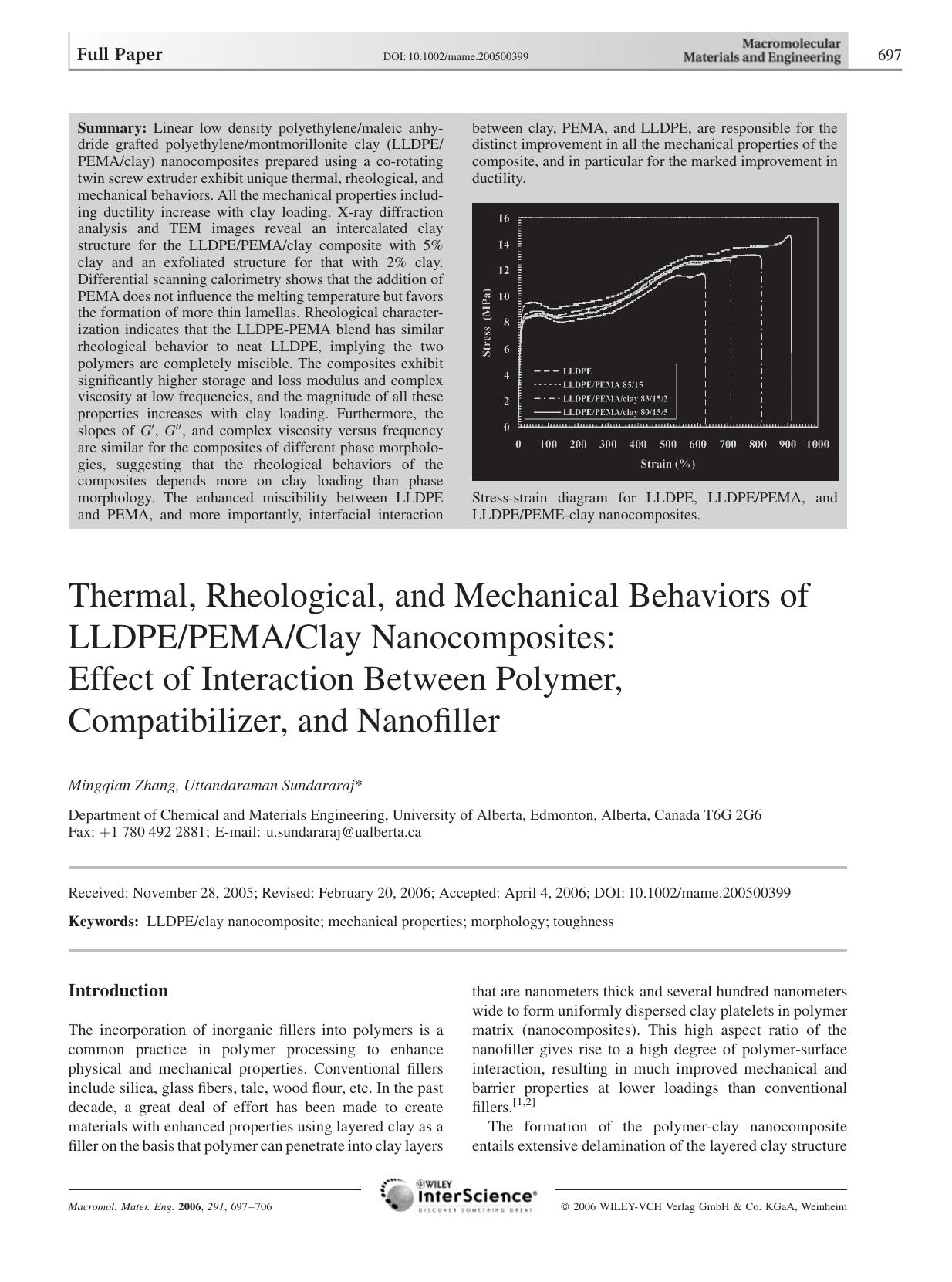 Thermal, Rheological, and Mechanical Behaviors of LLDPEPEMAClay Nanocomposites: Effect of Interaction Between Polymer, Compatibilizer, and Nanofiller by Unknown