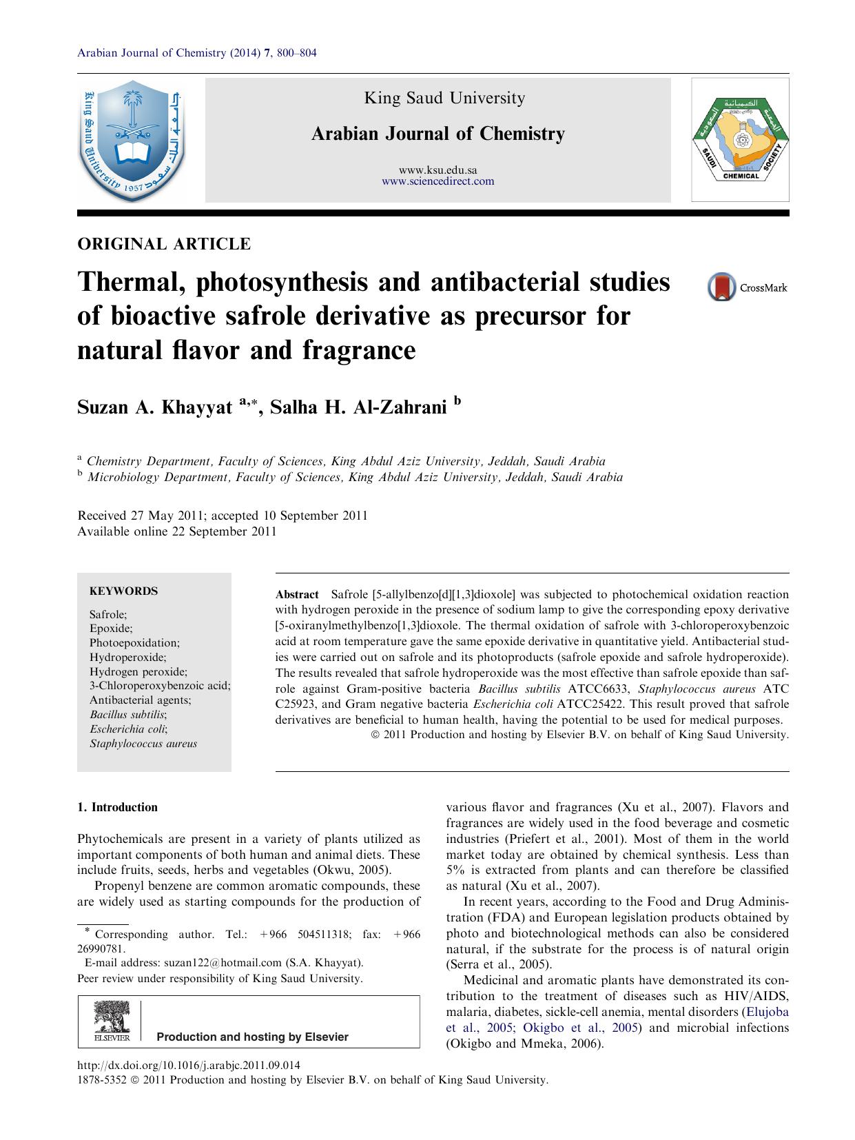 Thermal, photosynthesis and antibacterial studies of bioactive safrole derivative as precursor for natural flavor and fragrance by Suzan A. Khayyat & Salha H. Al-Zahrani
