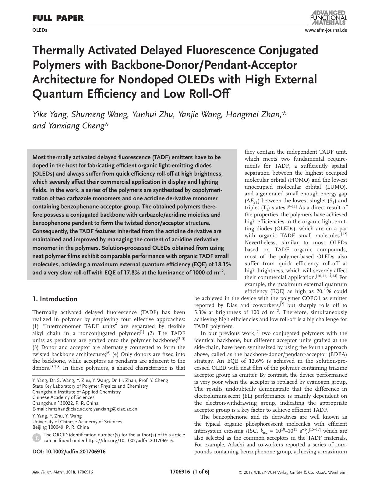 Thermally Activated Delayed Fluorescence Conjugated Polymers with Backbone‐DonorPendant‐Acceptor Architecture for Nondoped OLEDs with High External Quantum Efficien by Unknown