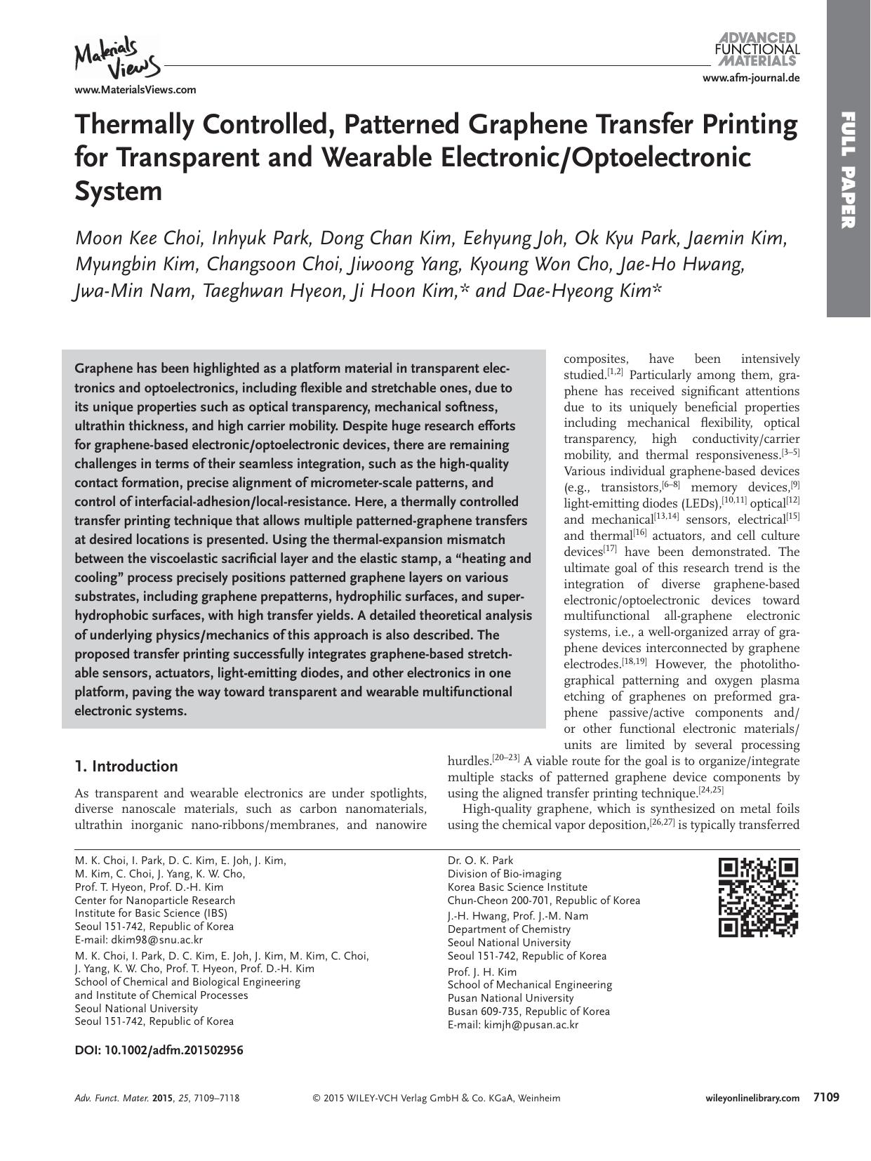 Thermally Controlled, Patterned Graphene Transfer Printing for Transparent and Wearable ElectronicOptoelectronic System by Unknown