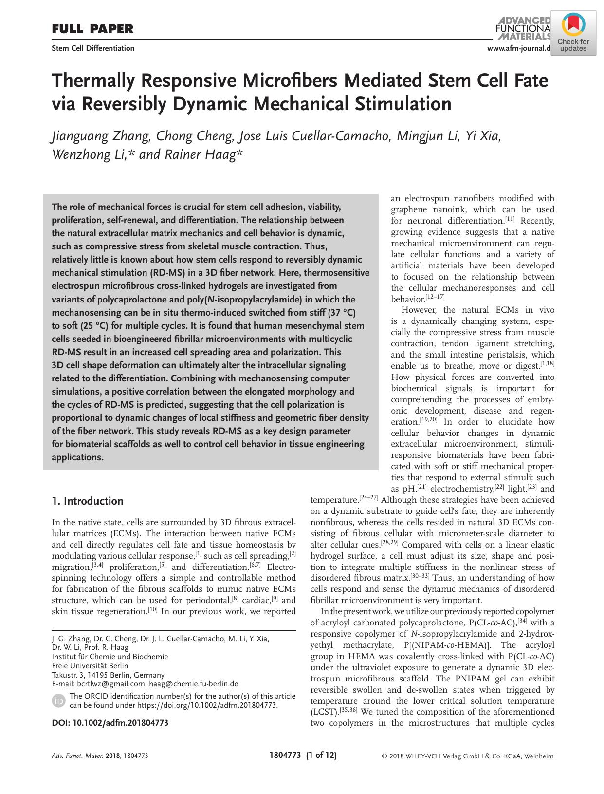 Thermally Responsive Microfibers Mediated Stem Cell Fate via Reversibly Dynamic Mechanical Stimulation by Unknown
