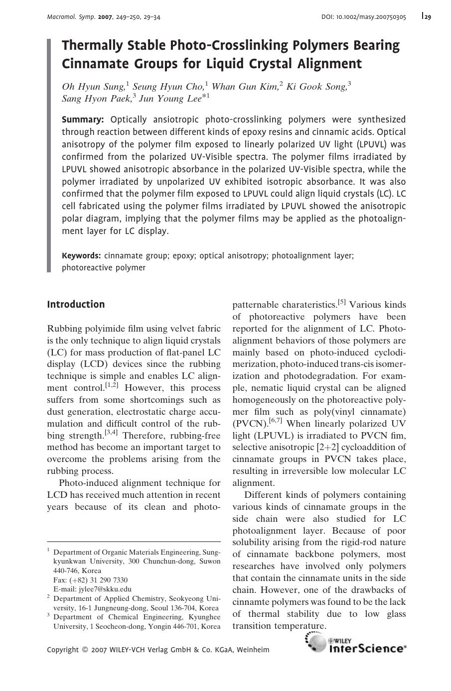 Thermally Stable Photo-Crosslinking Polymers Bearing Cinnamate Groups for Liquid Crystal Alignment by Unknown