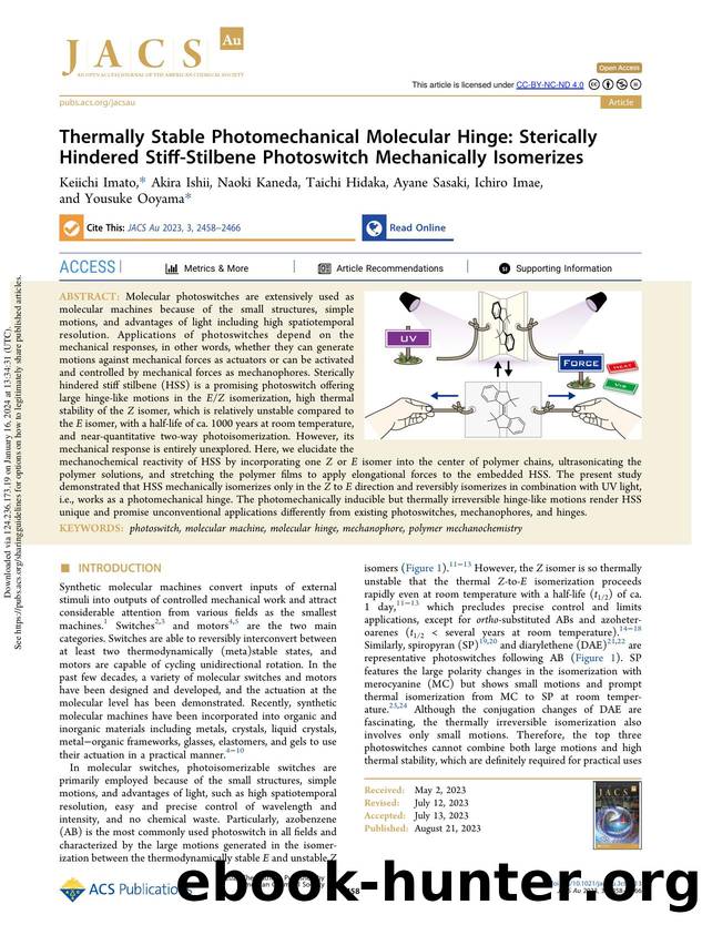 Thermally Stable Photomechanical Molecular Hinge: Sterically Hindered Stiff-Stilbene Photoswitch Mechanically Isomerizes by Keiichi Imato Akira Ishii Naoki Kaneda Taichi Hidaka Ayane Sasaki Ichiro Imae & Yousuke Ooyama