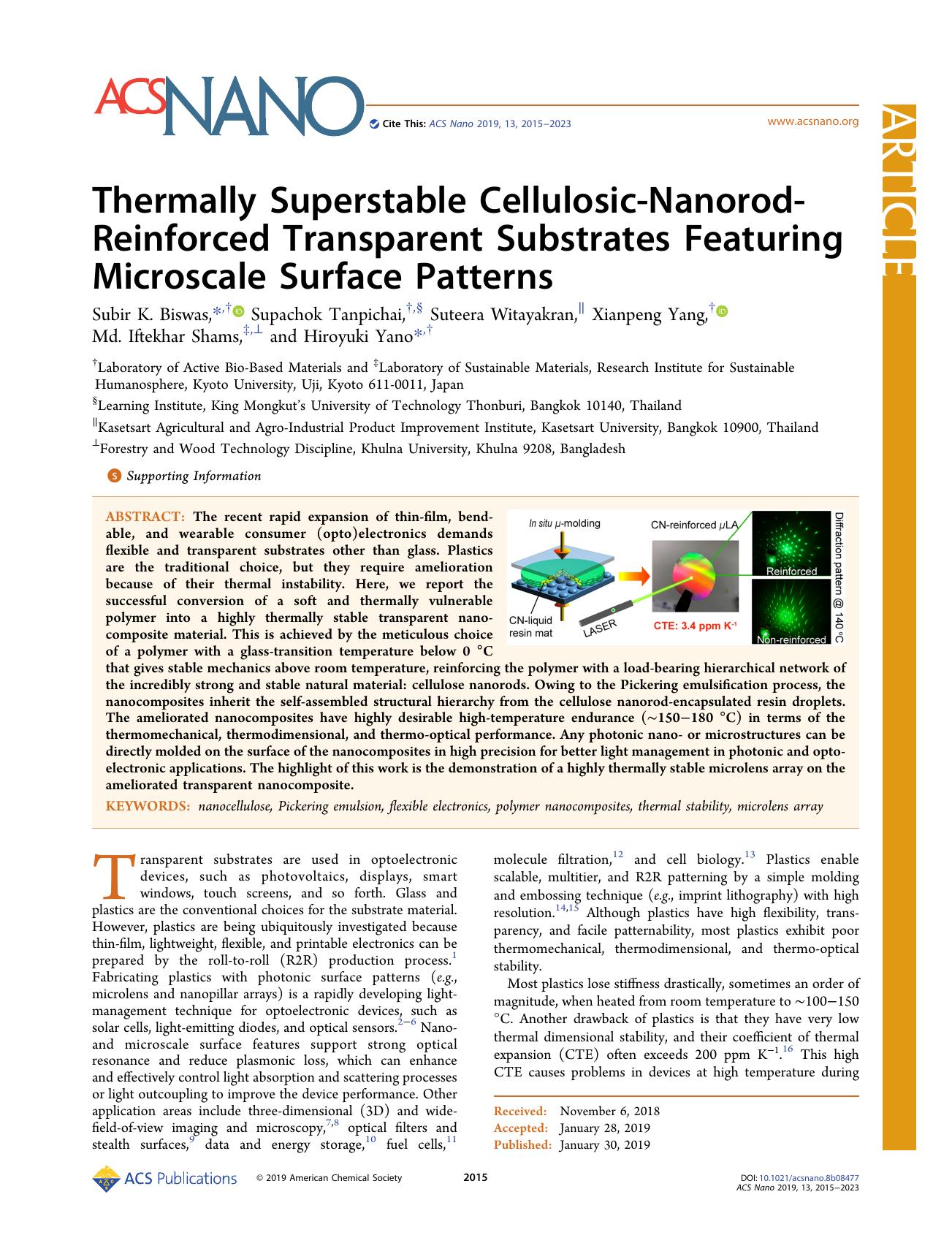 Thermally Superstable Cellulosic-Nanorod-Reinforced Transparent Substrates Featuring Microscale Surface Patterns by unknow