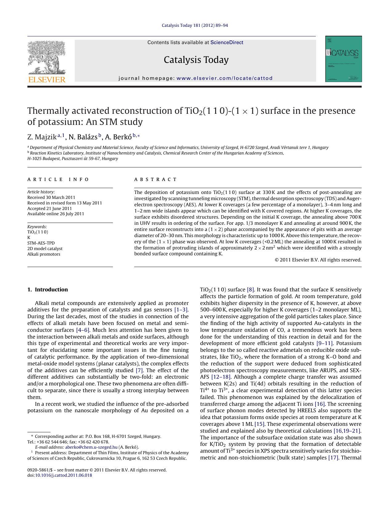 Thermally activated reconstruction of TiO2(110)-(1Ã1) surface in the presence of potassium: An STM study by Z. Majzik