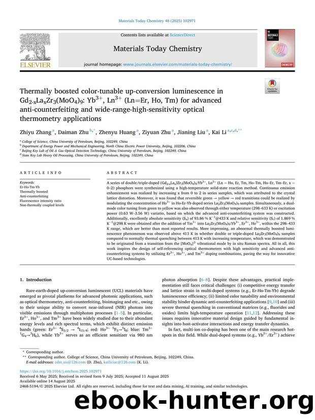 Thermally boosted color-tunable up-conversion luminescence in Gd2-xLaxZr3(MoO4)9: Yb3+, Ln3+ (Ln=Er, Ho, Tm) for advanced anti-counterfeiting and wide-range-high-sensitivity optica by Zhiyu Zhang