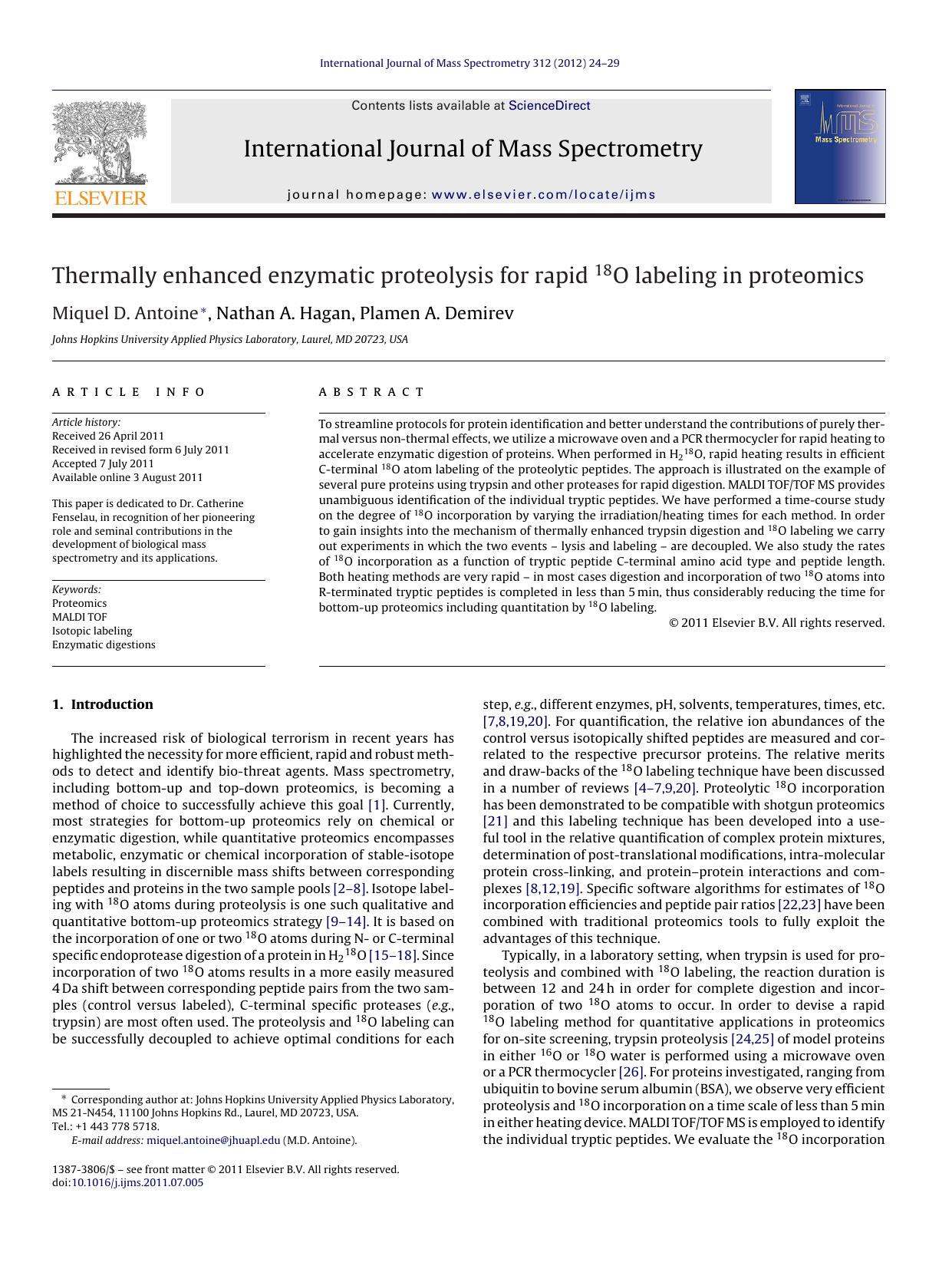 Thermally enhanced enzymatic proteolysis for rapid 18O labeling in proteomics by Miquel D. Antoine