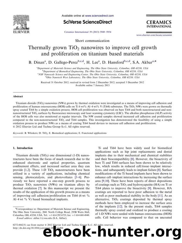 Thermally grown TiO2 nanowires to improve cell growth and proliferation on titanium based materials by B. Dinan & D. Gallego-Perez & H. Lee & D. Hansford & S.A. Akbar