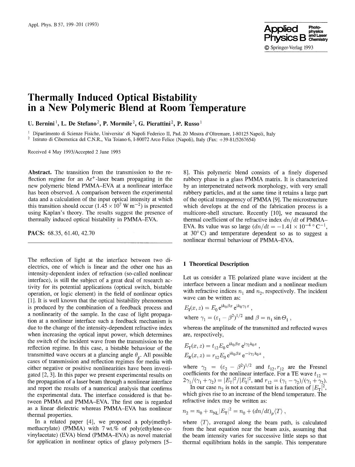 Thermally induced optical bistability in a new polymeric blend at room temperature by Unknown