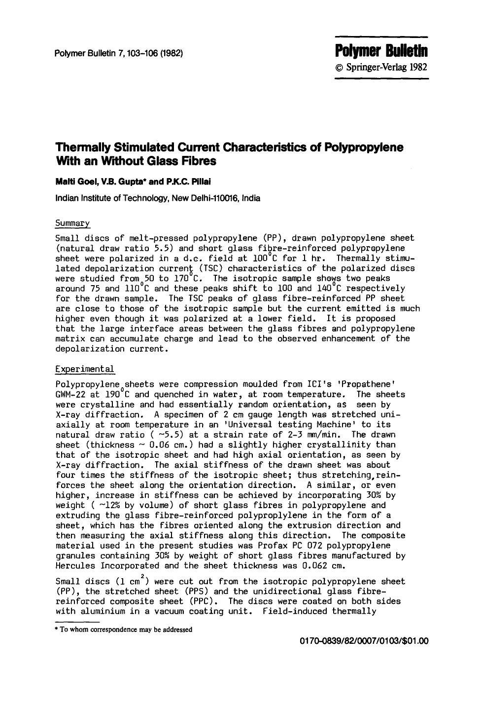 Thermally stimulated current characteristics of polypropylene with an without glass fibres by Unknown