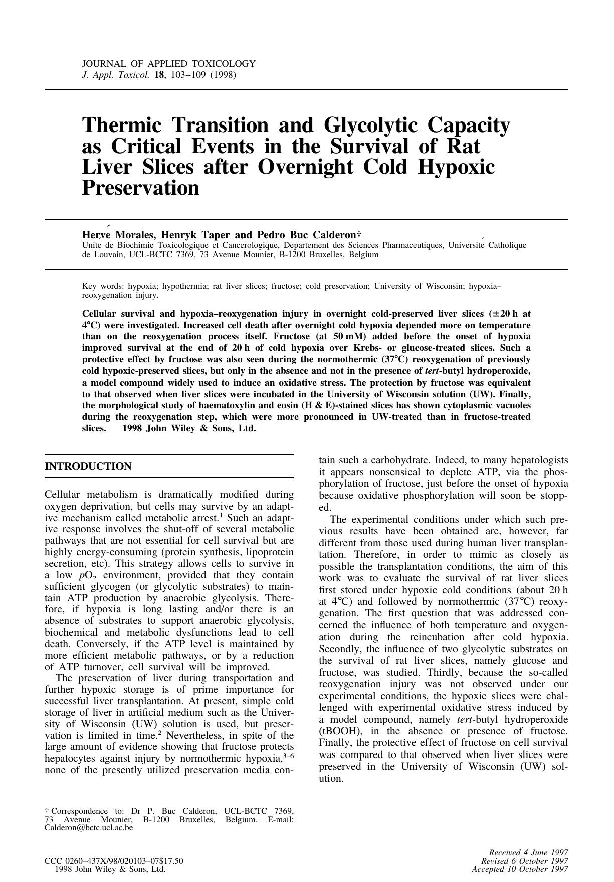Thermic transition and glycolytic capacity as critical events in the survival of rat liver slices after overnight cold hypoxic preservation by Unknown