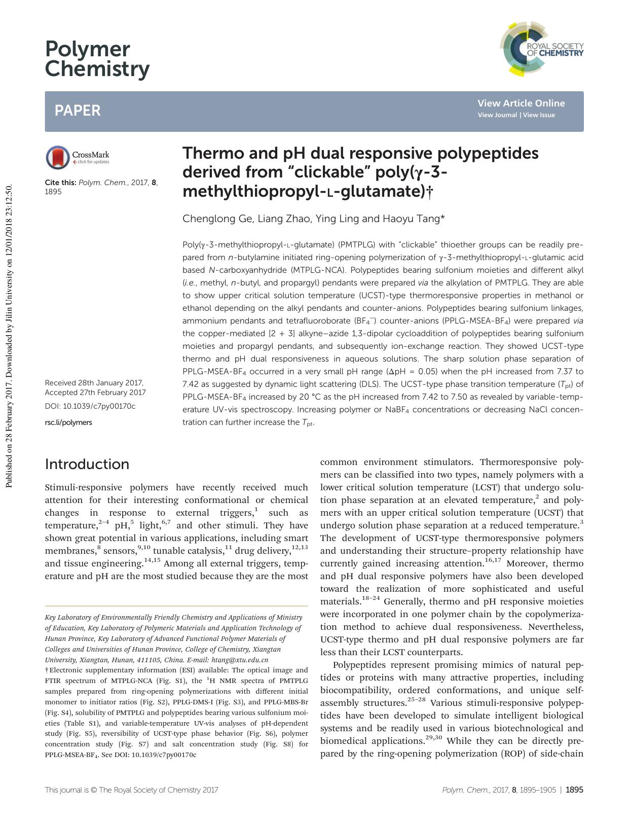 Thermo and pH dual responsive polypeptides derived from âclickableâ poly(Î³-3-methylthiopropyl-L-glutamate) by Chenglong Ge Liang Zhao Ying Ling Haoyu Tang