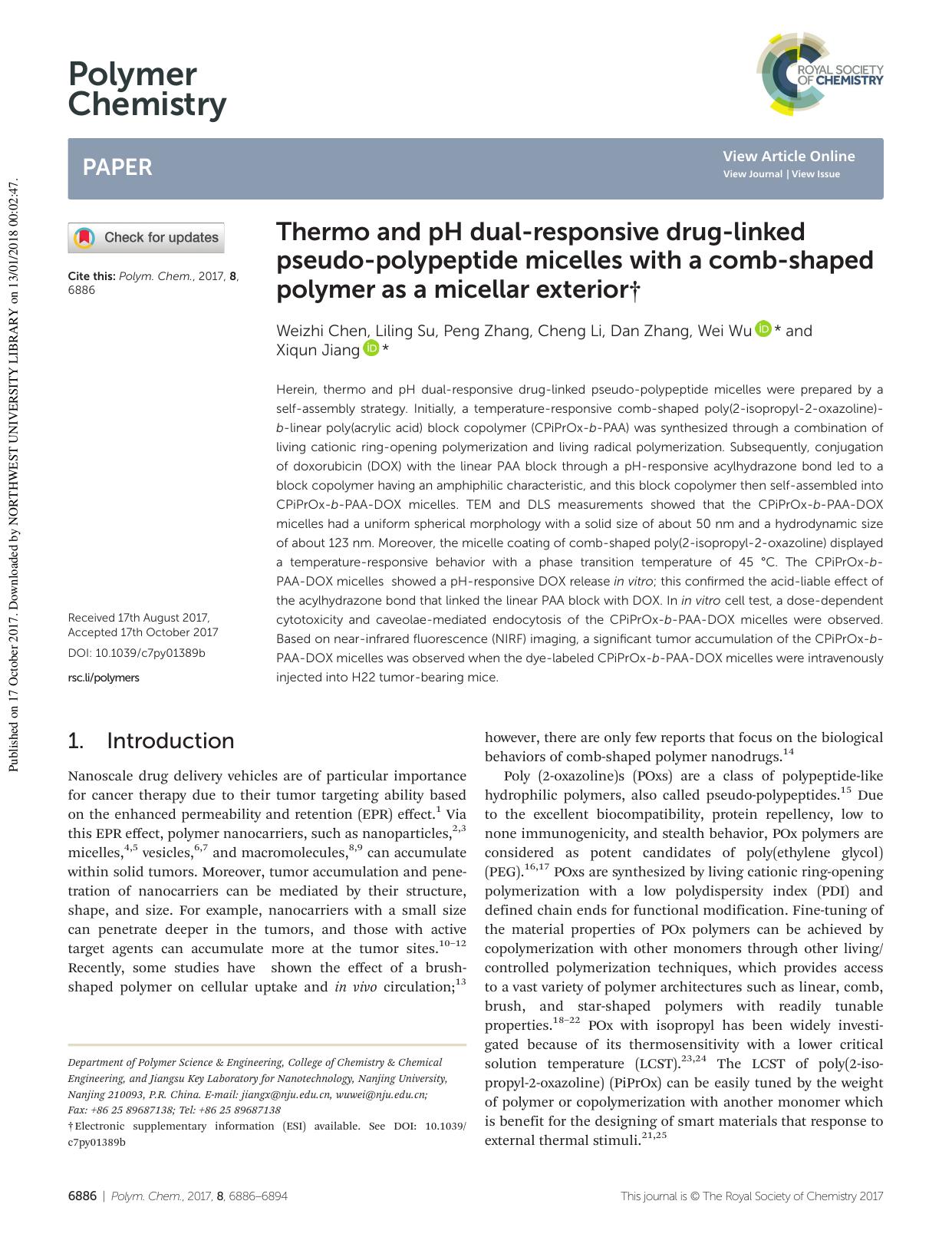 Thermo and pH dual-responsive drug-linked pseudo-polypeptide micelles with a comb-shaped polymer as a micellar exterior by Weizhi Chen Liling Su Peng Zhang Cheng Li Dan Zhang Wei Wu Xiqun Jiang