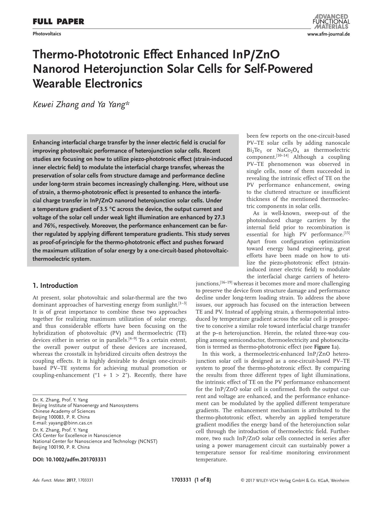Thermo&#x02010;Phototronic Effect Enhanced InPZnO Nanorod Heterojunction Solar Cells for Self&#x02010;Powered Wearable Electronics by Unknown