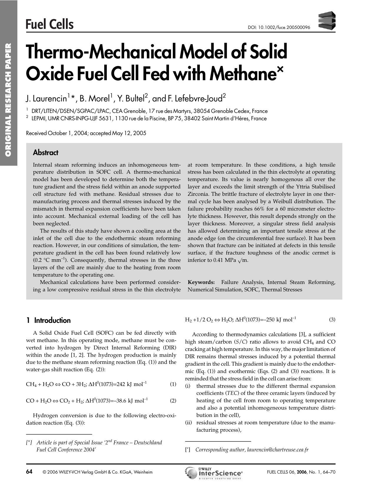 Thermo-Mechanical Model of Solid Oxide Fuel Cell Fed with Methane by Unknown