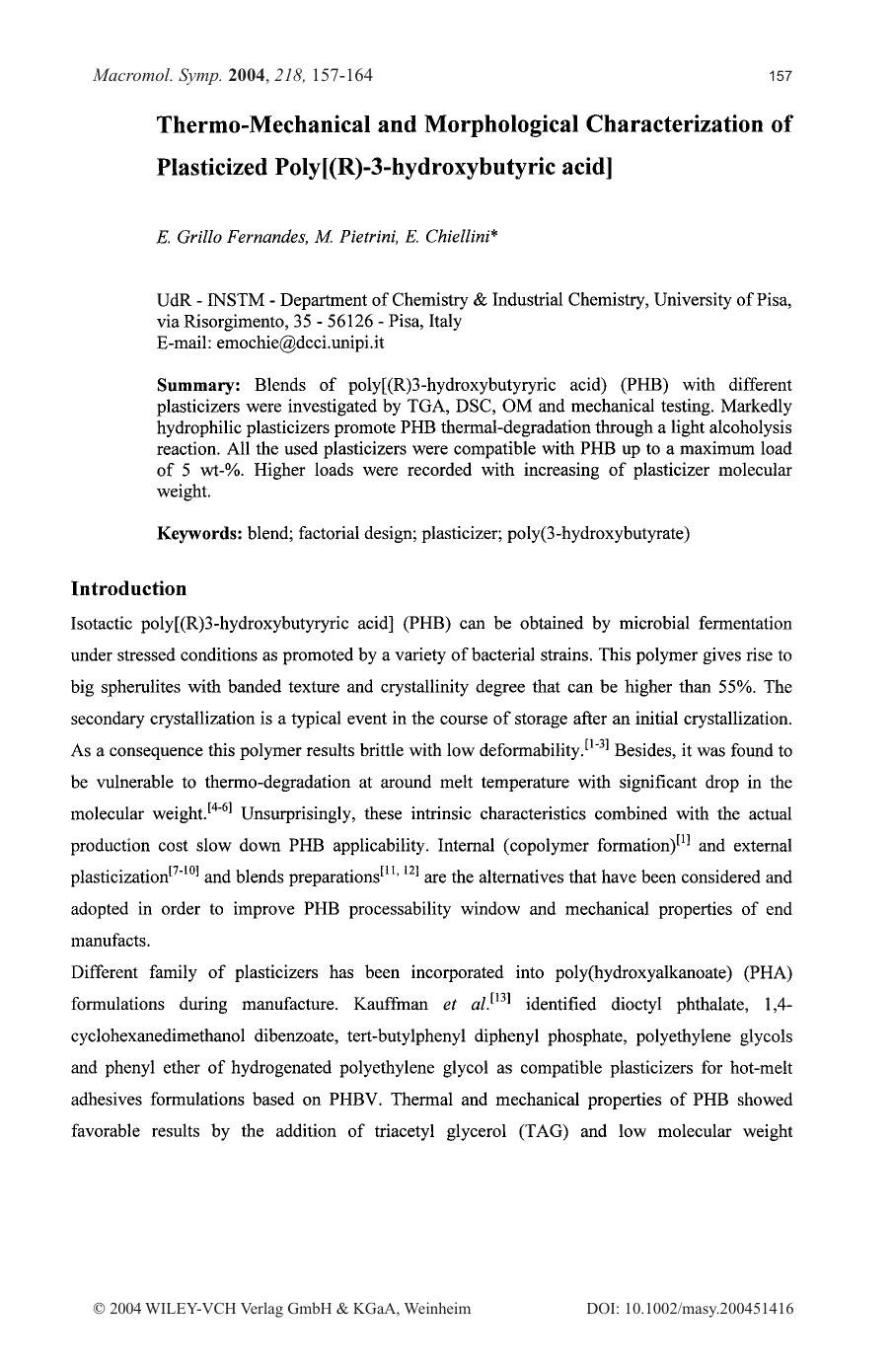 Thermo-Mechanical and Morphological Characterization of Plasticized Poly[(R)-3-hydroxybutyric acid] by Unknown