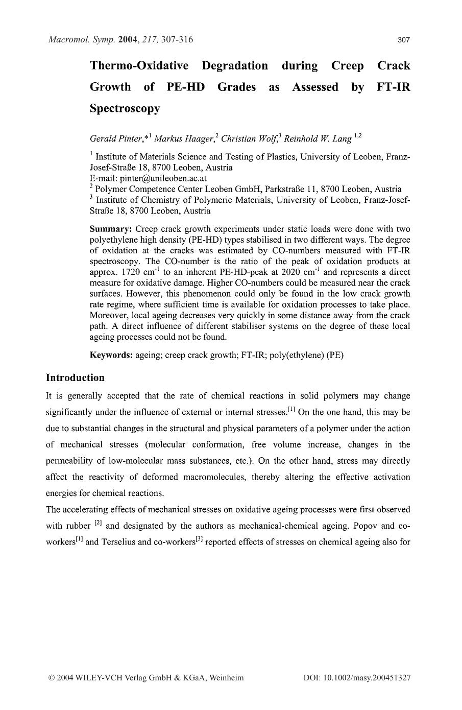 Thermo-Oxidative Degradation during Creep Crack Growth of PE-HD Grades as Assessed by FT-IR Spectroscopy by Unknown