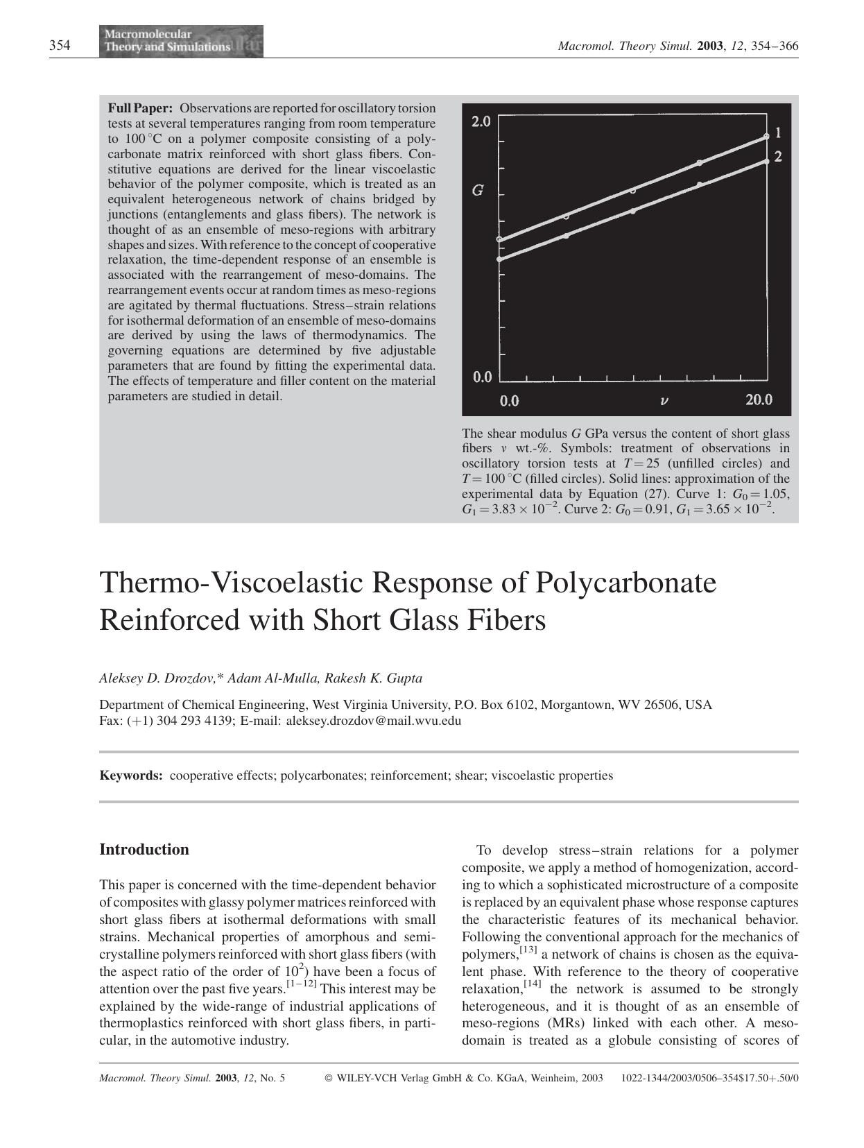Thermo-Viscoelastic Response of Polycarbonate Reinforced with Short Glass Fibers by Unknown
