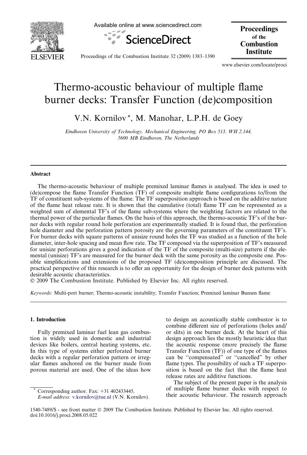Thermo-acoustic behaviour of multiple flame burner decks: Transfer Function (de)composition by V.N. Kornilov; M. Manohar; L.P.H. de Goey