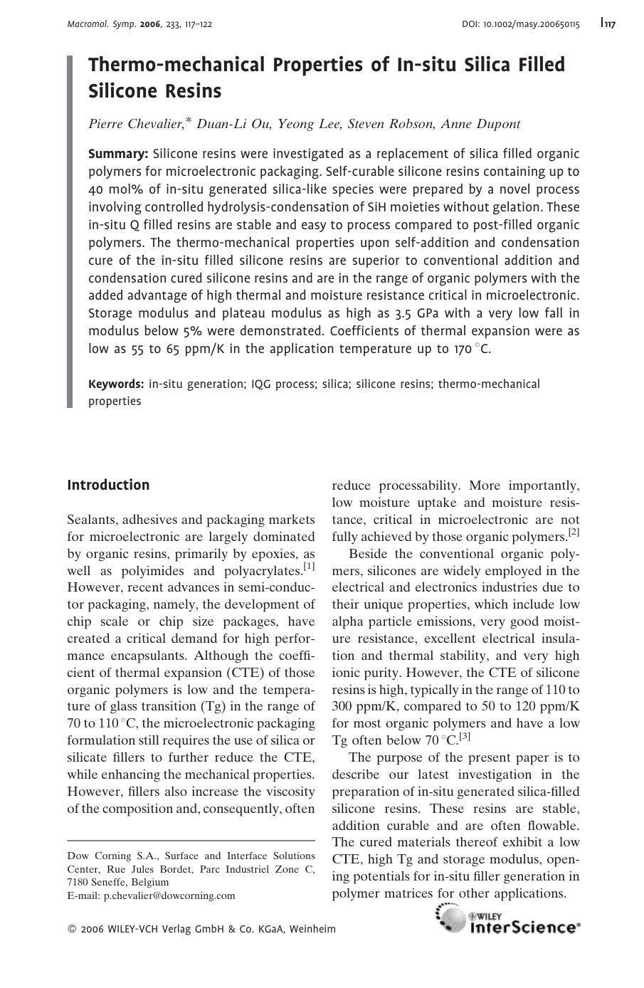 Thermo-mechanical Properties of In-situ Silica Filled Silicone Resins by Unknown