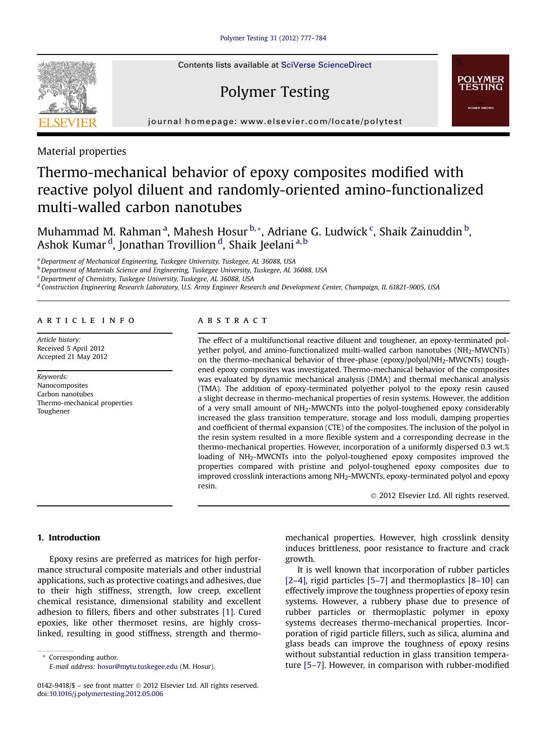Thermo-mechanical behavior of epoxy composites modified with reactive polyol diluent and randomly-oriented amino-functionalized multi-walled carbon nanotubes by unknow