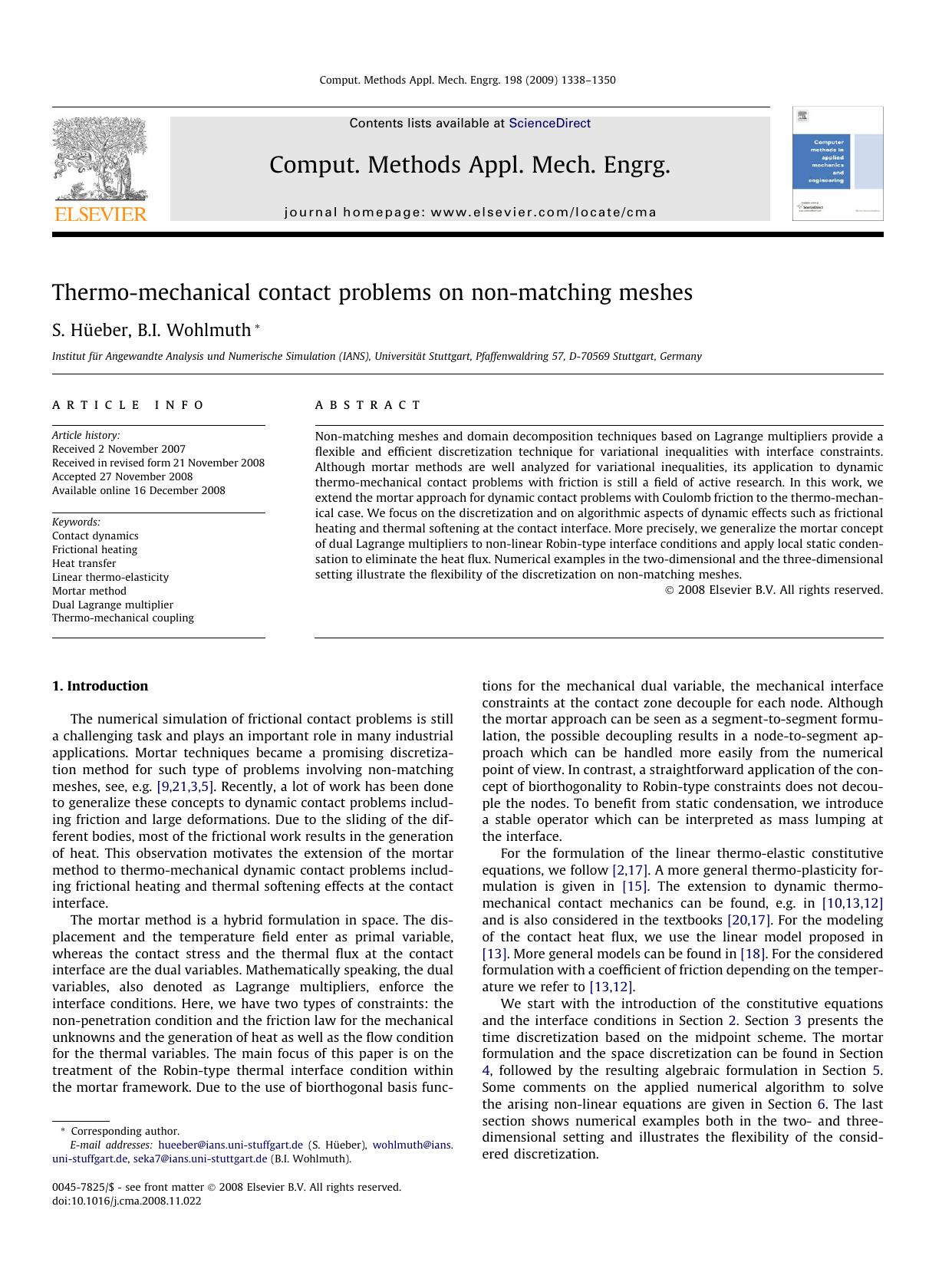 Thermo-mechanical contact problems on non-matching meshes by S. Hüeber; B.I. Wohlmuth