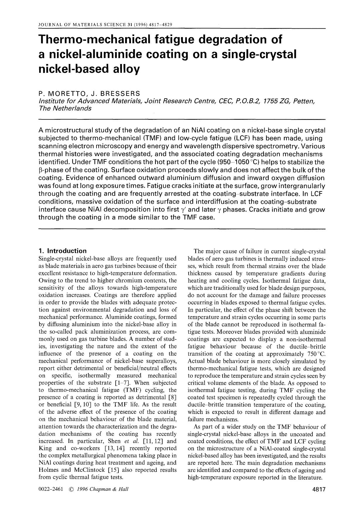 Thermo-mechanical fatigue degradation of a nickel-aluminide coating on a single-crystal nickel-based alloy by Unknown