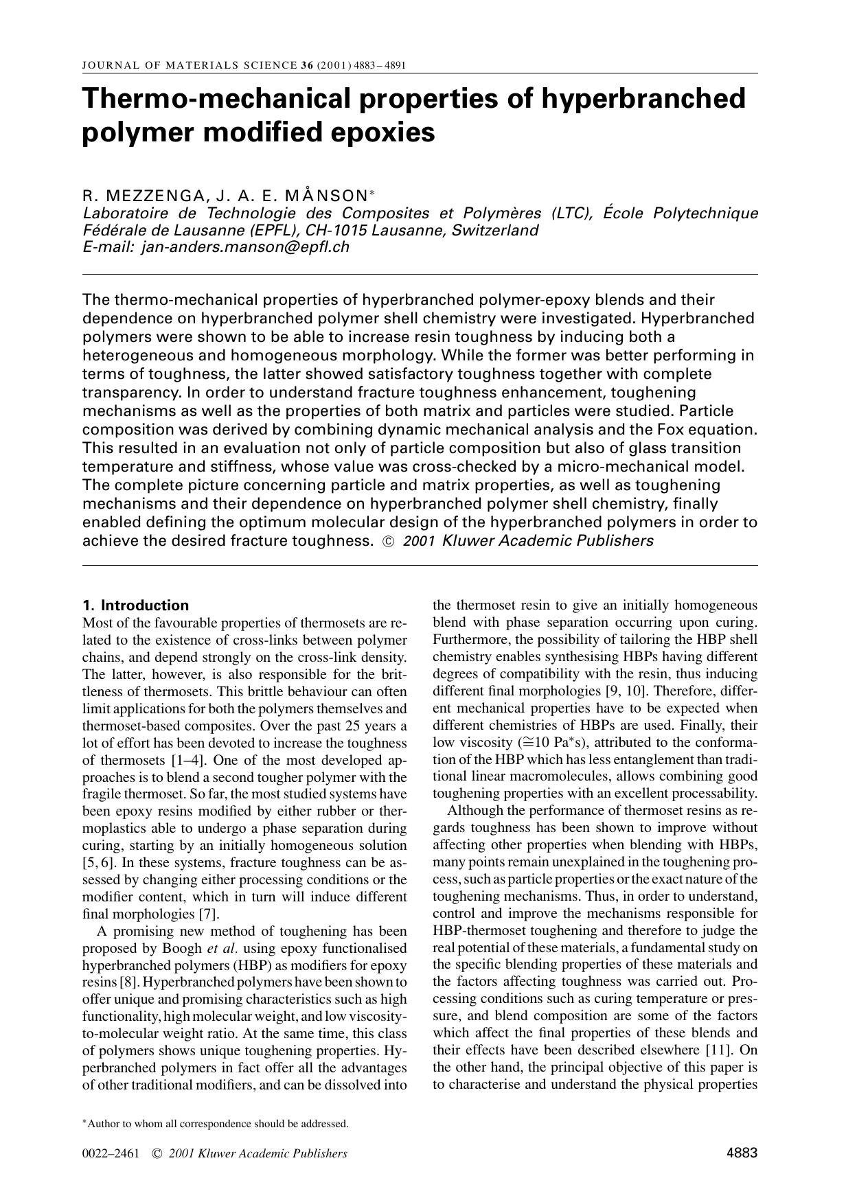 Thermo-mechanical properties of hyperbranched polymer modified epoxies by Unknown