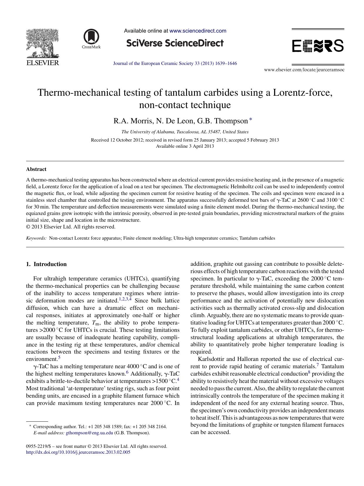 Thermo-mechanical testing of tantalum carbides using a Lorentz-force, non-contact technique by R.A. Morris