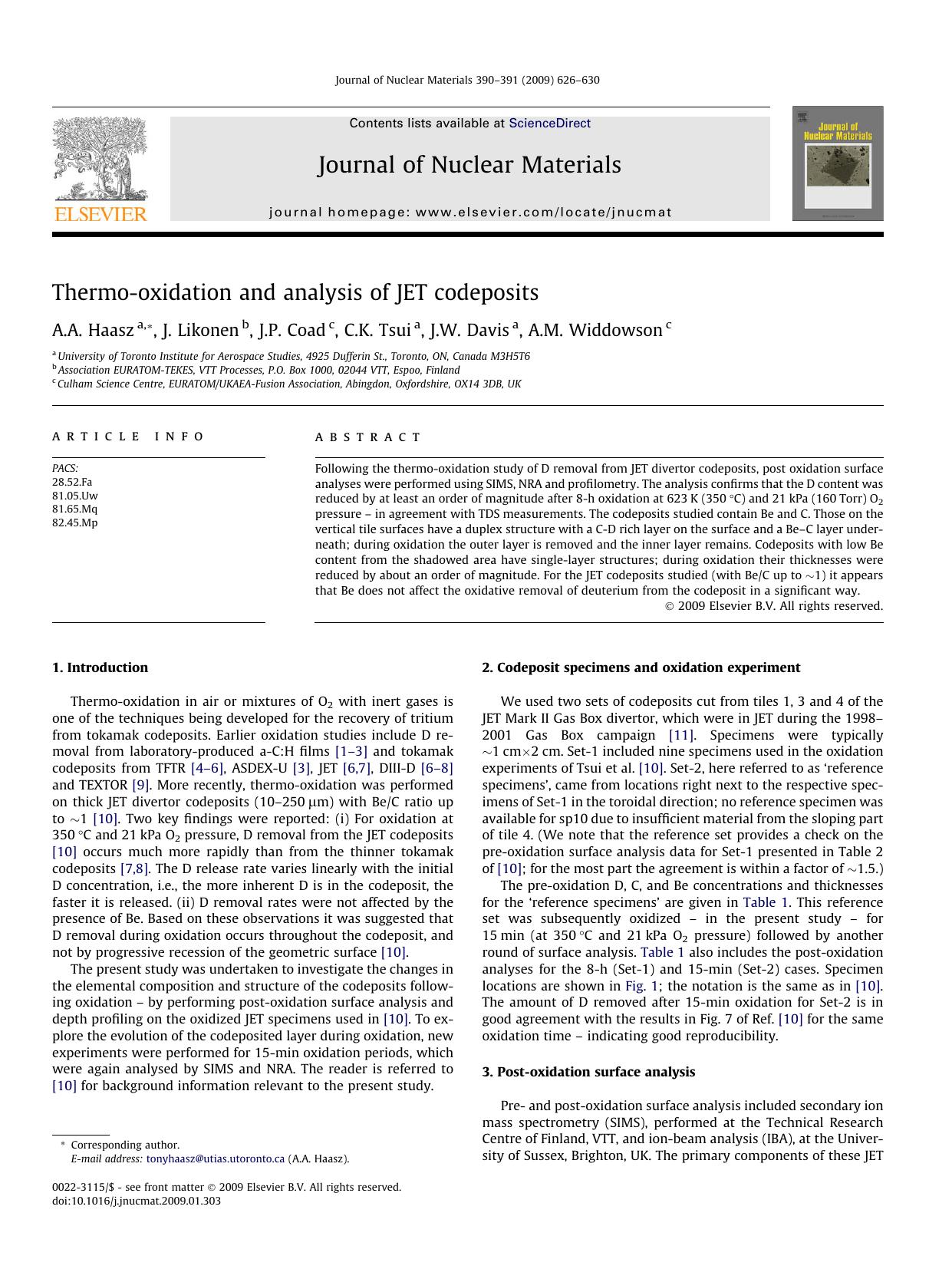 Thermo-oxidation and analysis of JET codeposits by A.A. Haasz; J. Likonen; J.P. Coad; C.K. Tsui; J.W. Davis; A.M. Widdowson