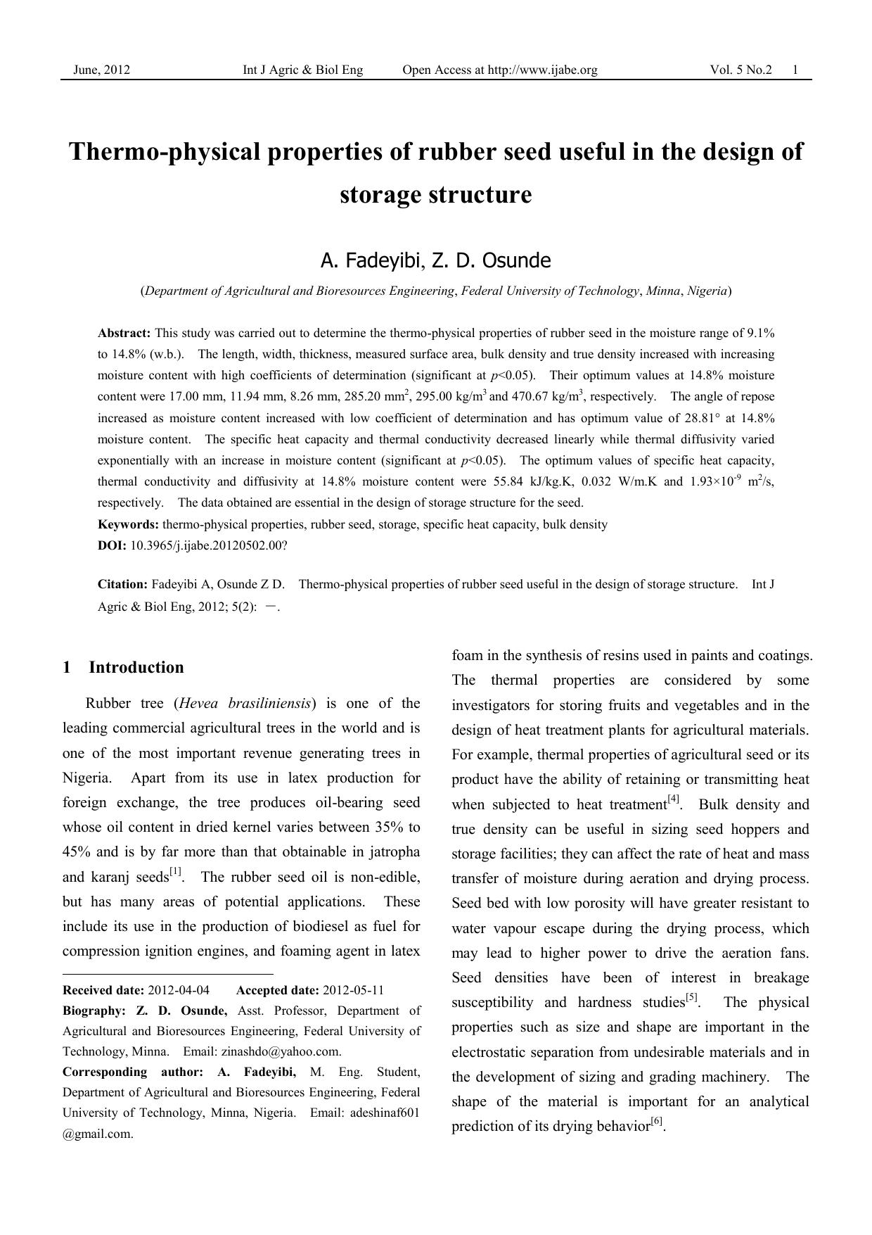 Thermo-physical properties of rubber seed useful in the design of storage structure by Fadeyibi A. Osunde Z.D