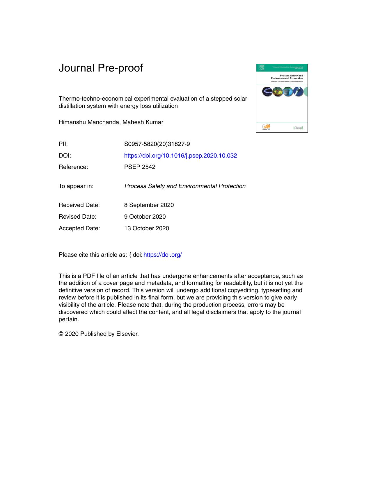 Thermo-techno-economical experimental evaluation of a stepped solar distillation system with energy loss utilization by Himanshu Manchanda & Mahesh Kumar