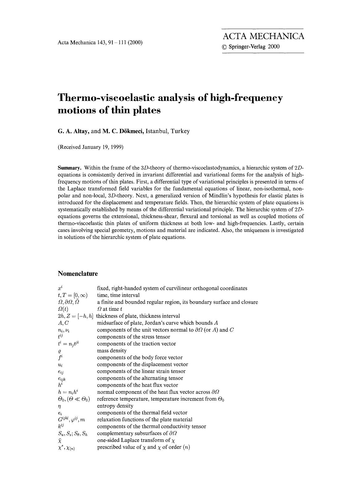 Thermo-viscoelastic analysis of high-frequency motions of thin plates by Unknown