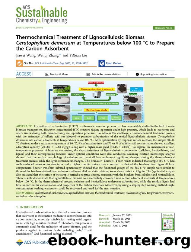 Thermochemical Treatment of Lignocellulosic Biomass Ceratophyllum demersum at Temperatures below 100 Â°C to Prepare the Carbon Adsorbent by Jiawei Wang Wenqi Zhang and YiXuan Liu